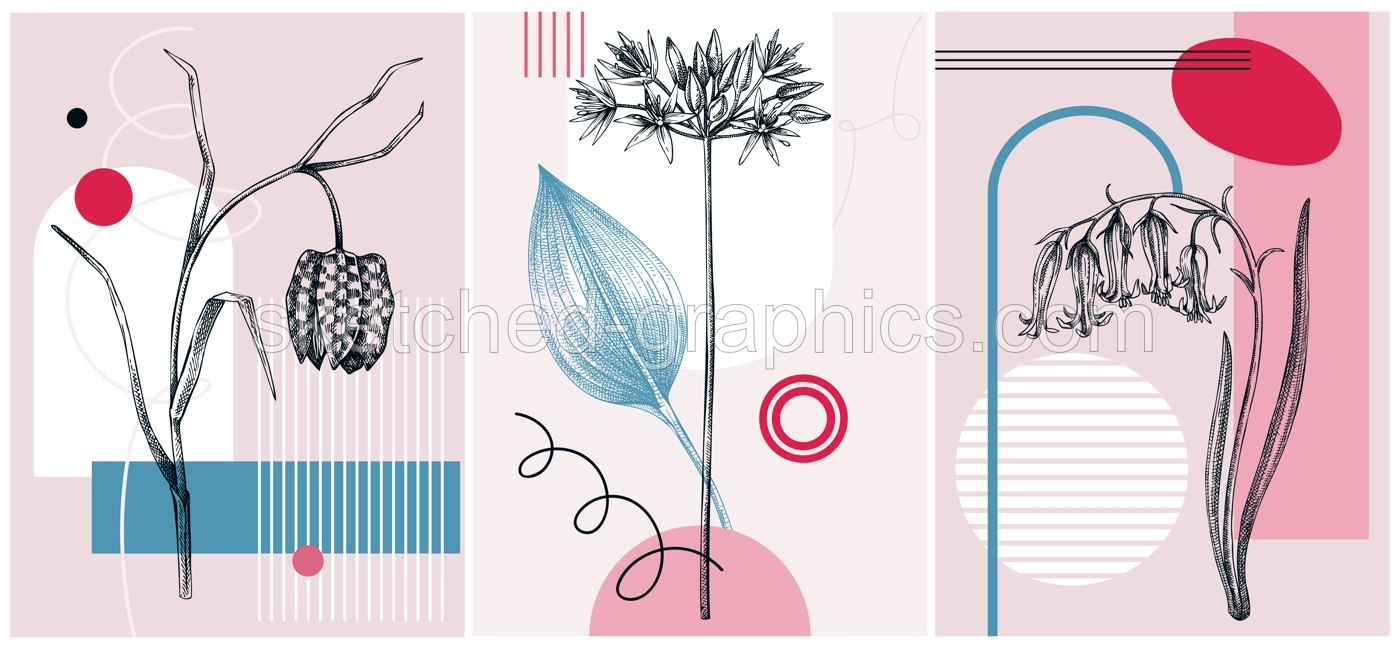Collage-style first spring wildflowers vector illustration. Hand drawn floral banner. Trendy design with botanical sketches, and geometric shapes. Bluebell, wild garlic, fritillary flowers for prints Illustration